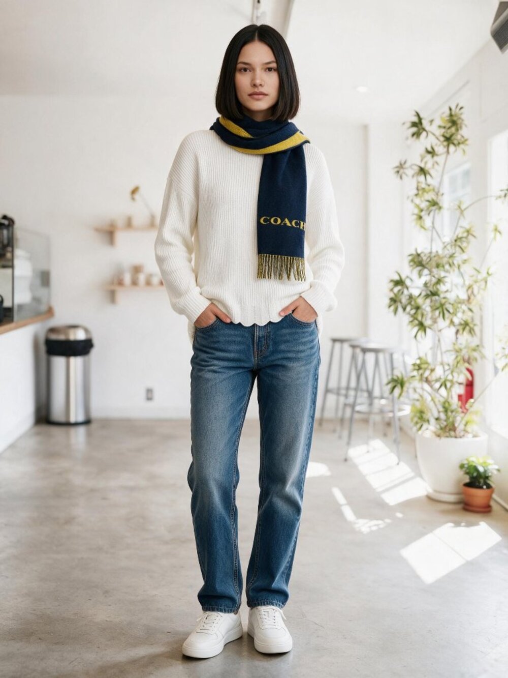 NWT COACH Navy & Yellow Wool & Cashmere Scarf F85134- Bi-Color Logo - $128.00